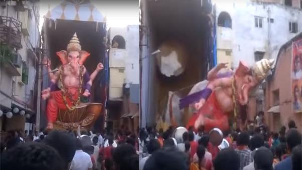 Enorme estatua de dios hindú se desploma ante una multitud