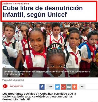 Cuba libre de desnutrición infantil, según Unicef